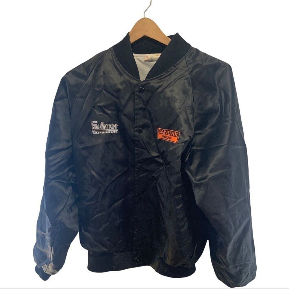 Vintage Black Hartwell Satin Jacket Workwear Embroidered Construction Company